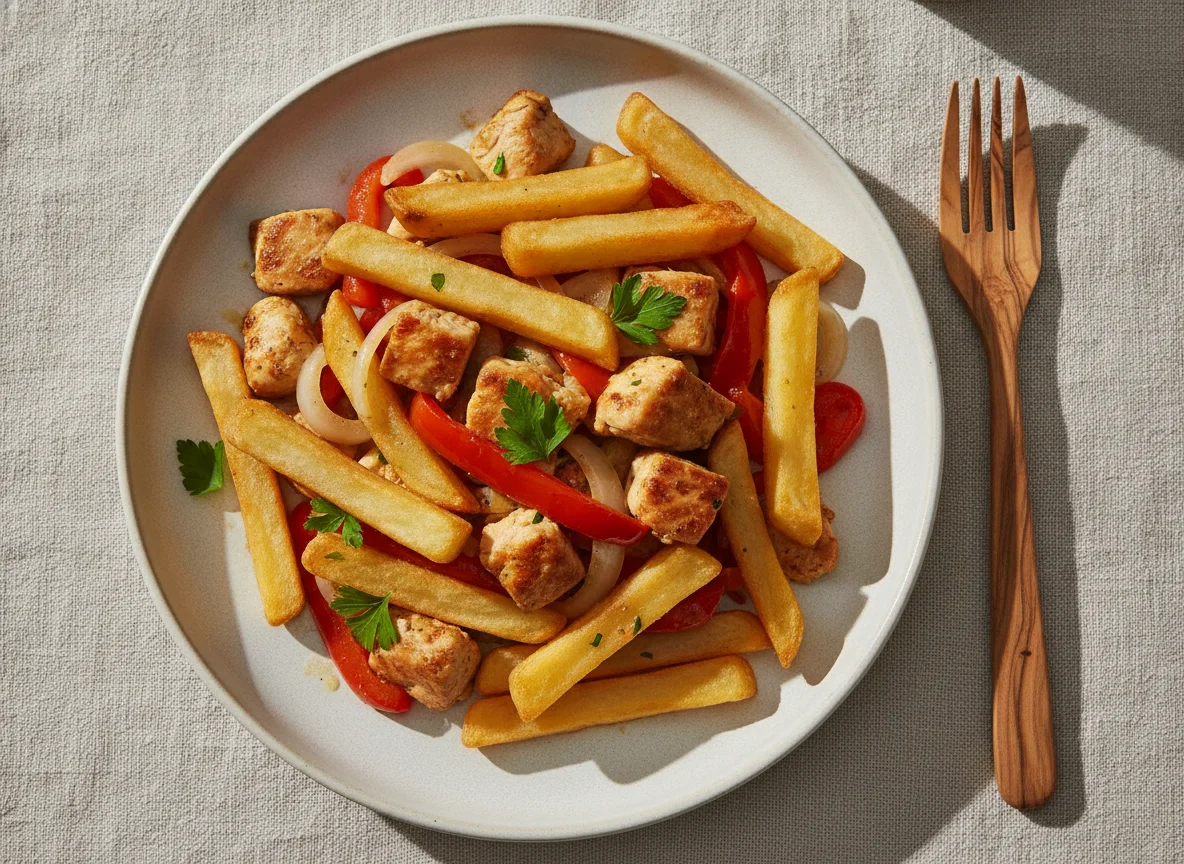 Pollo salteado con pimientos, cebolla y patatas fritas photo
