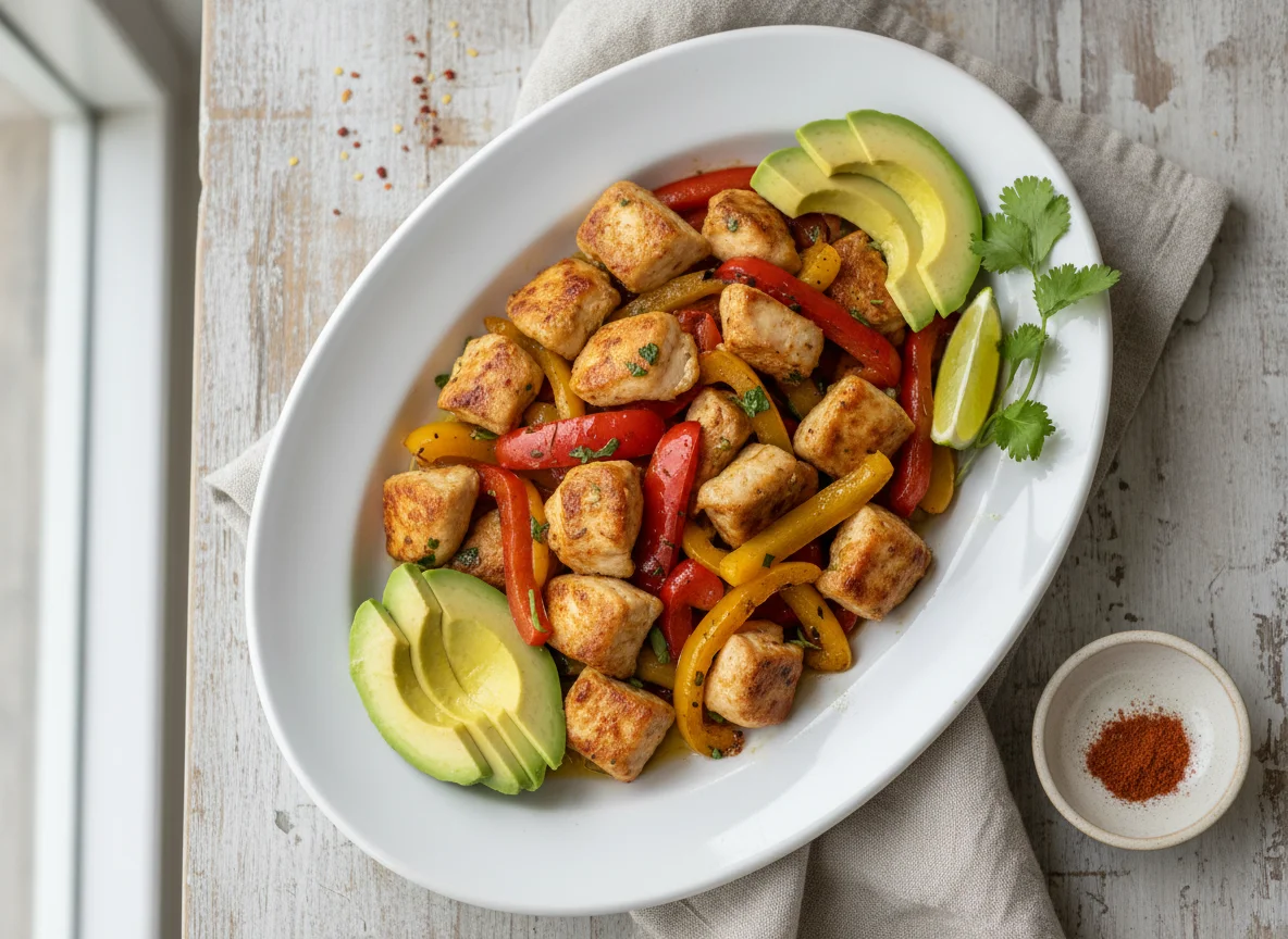 Pollo salteado con pimientos y aguacate photo
