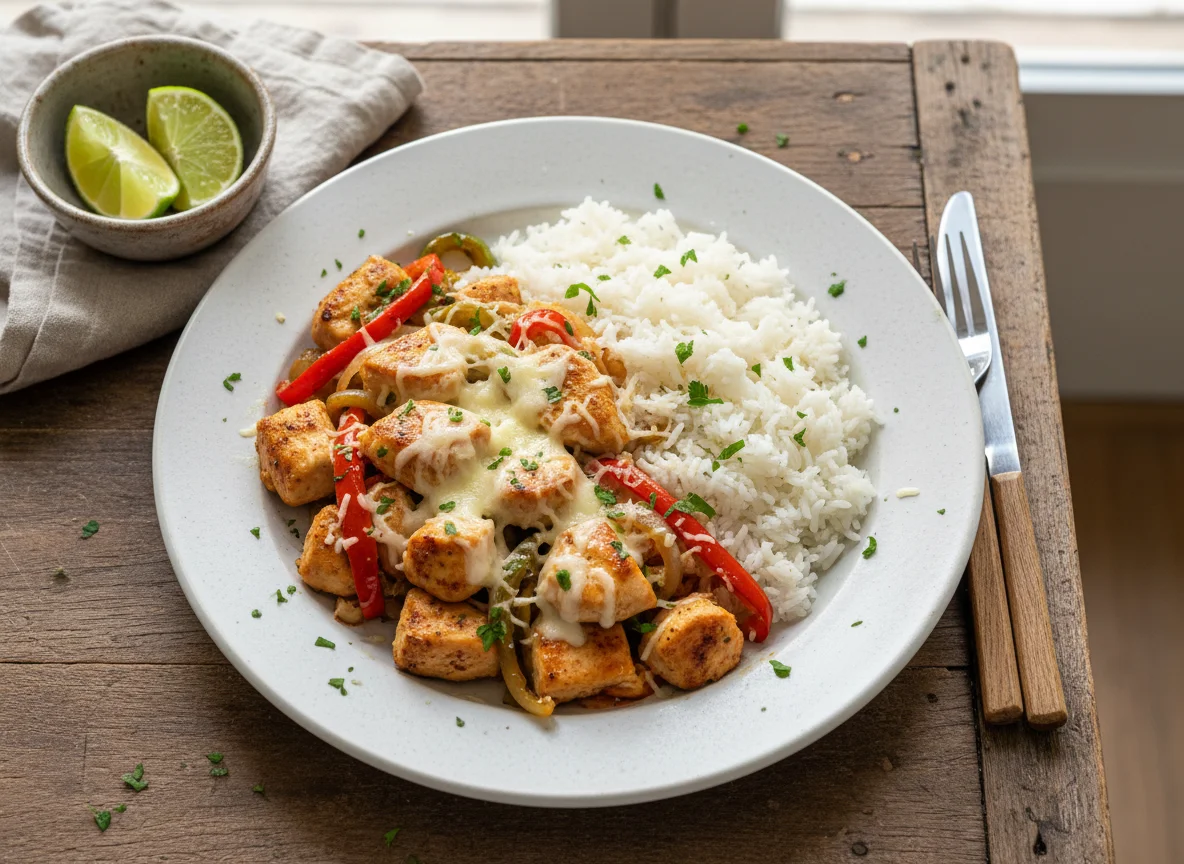 Pollo salteado con pimientos y arroz photo