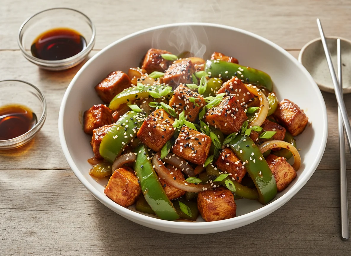 Pollo salteado con pimientos y cebolla photo