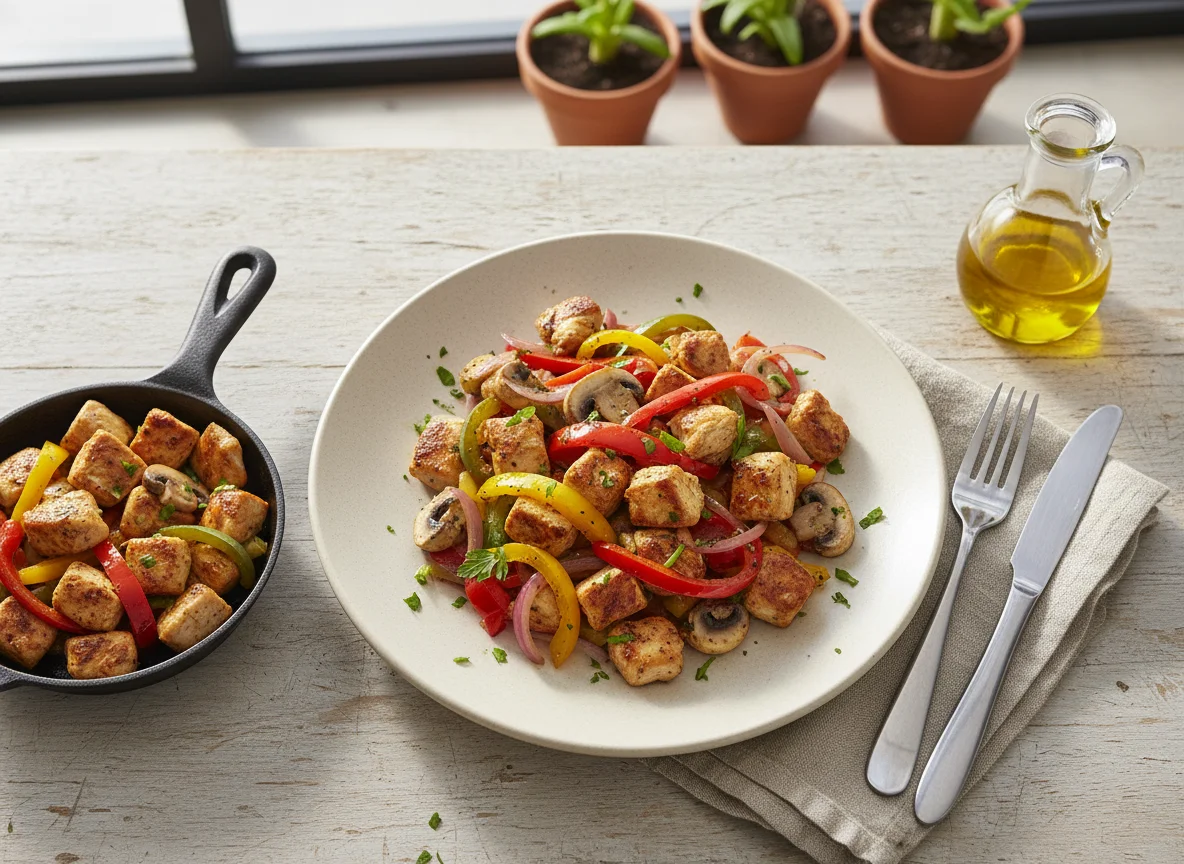 Pollo salteado con pimientos y champiñones photo