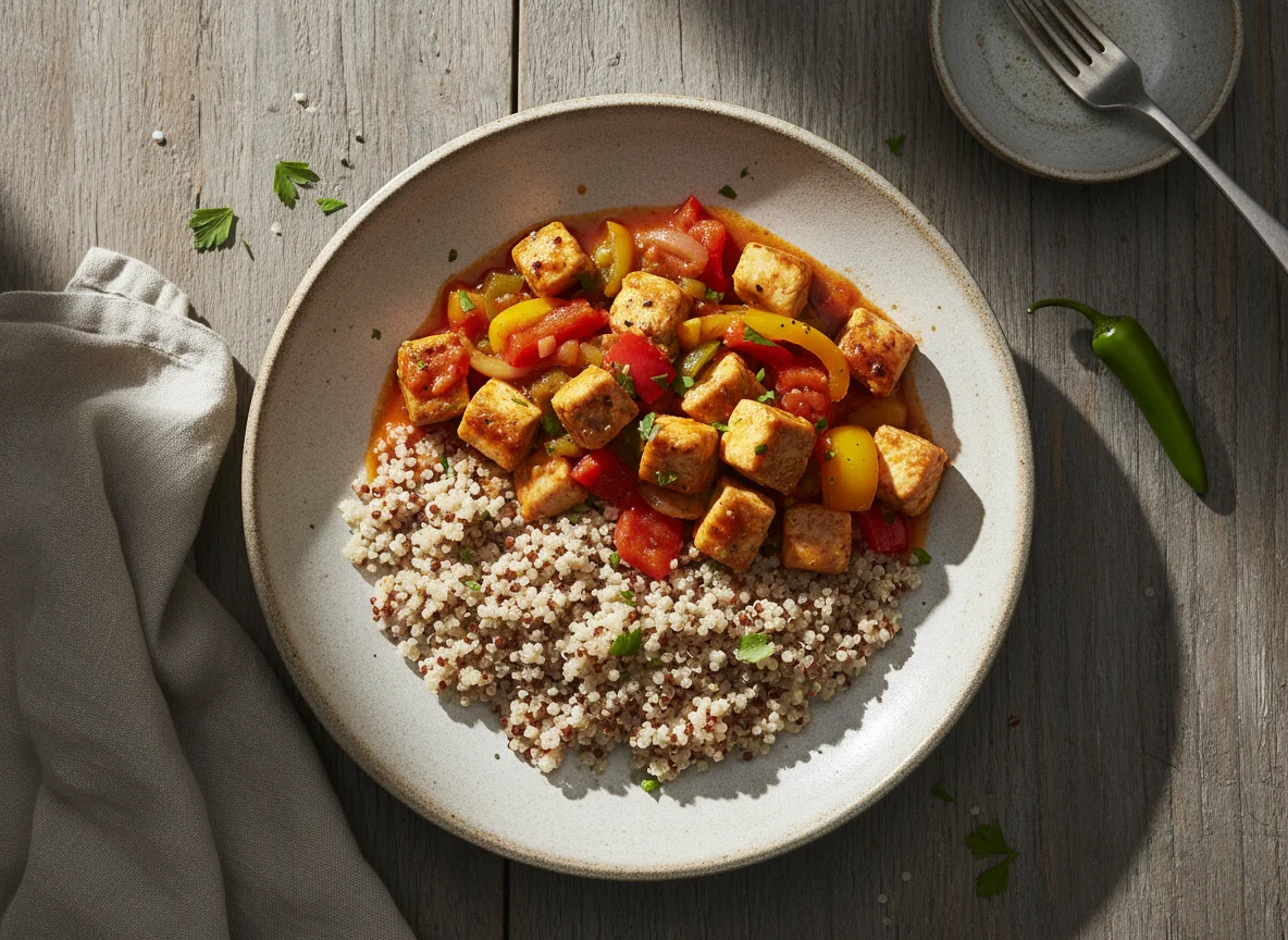 Pollo salteado con pimientos y quinoa photo