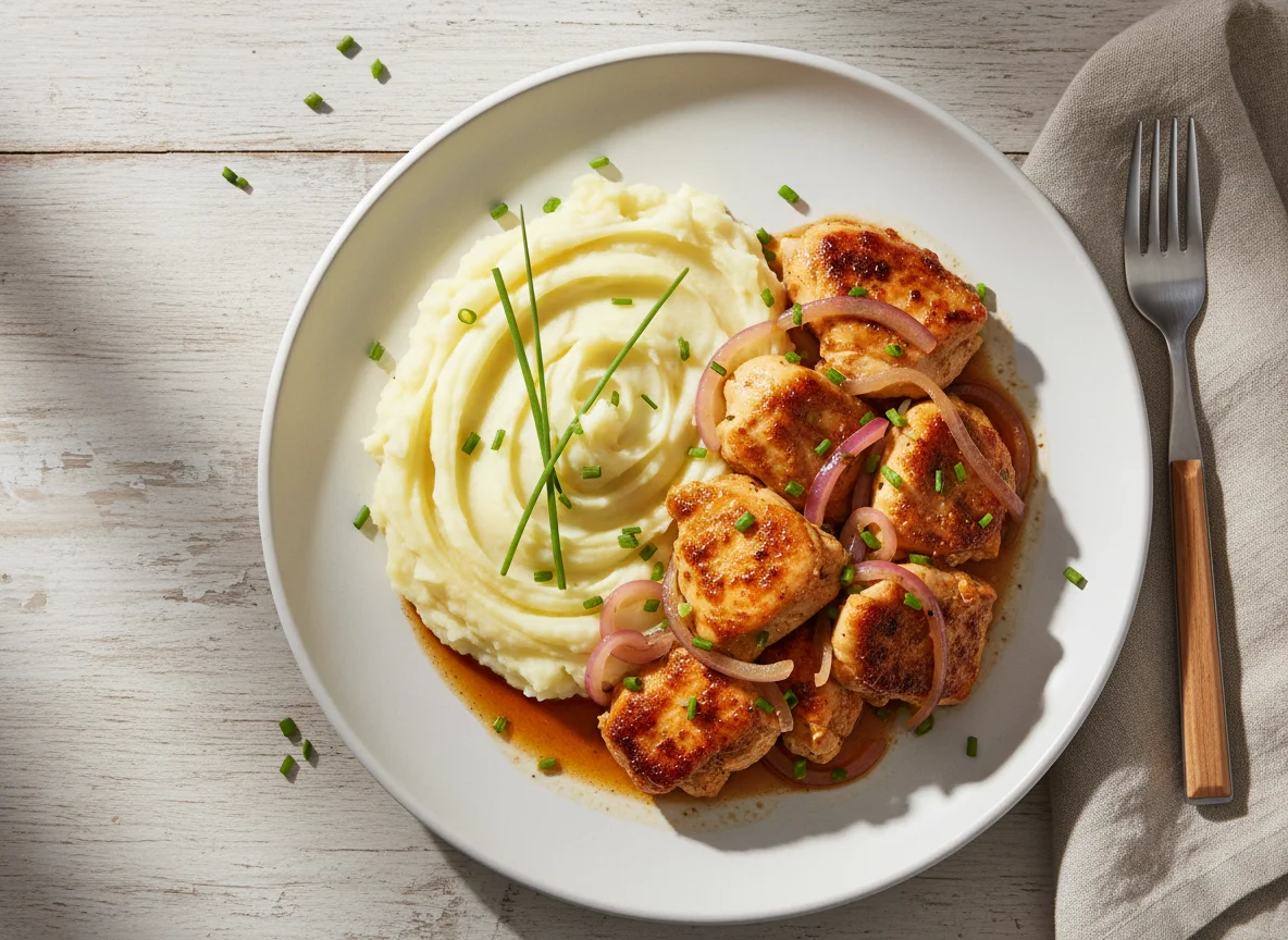 Pollo salteado con puré de papas photo