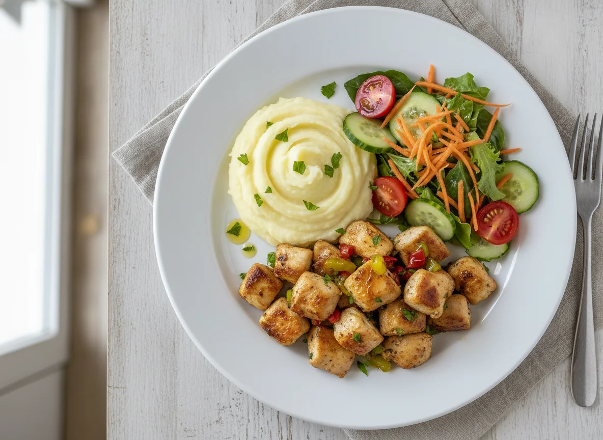 Pollo salteado con puré de patatas y ensalada mixta photo