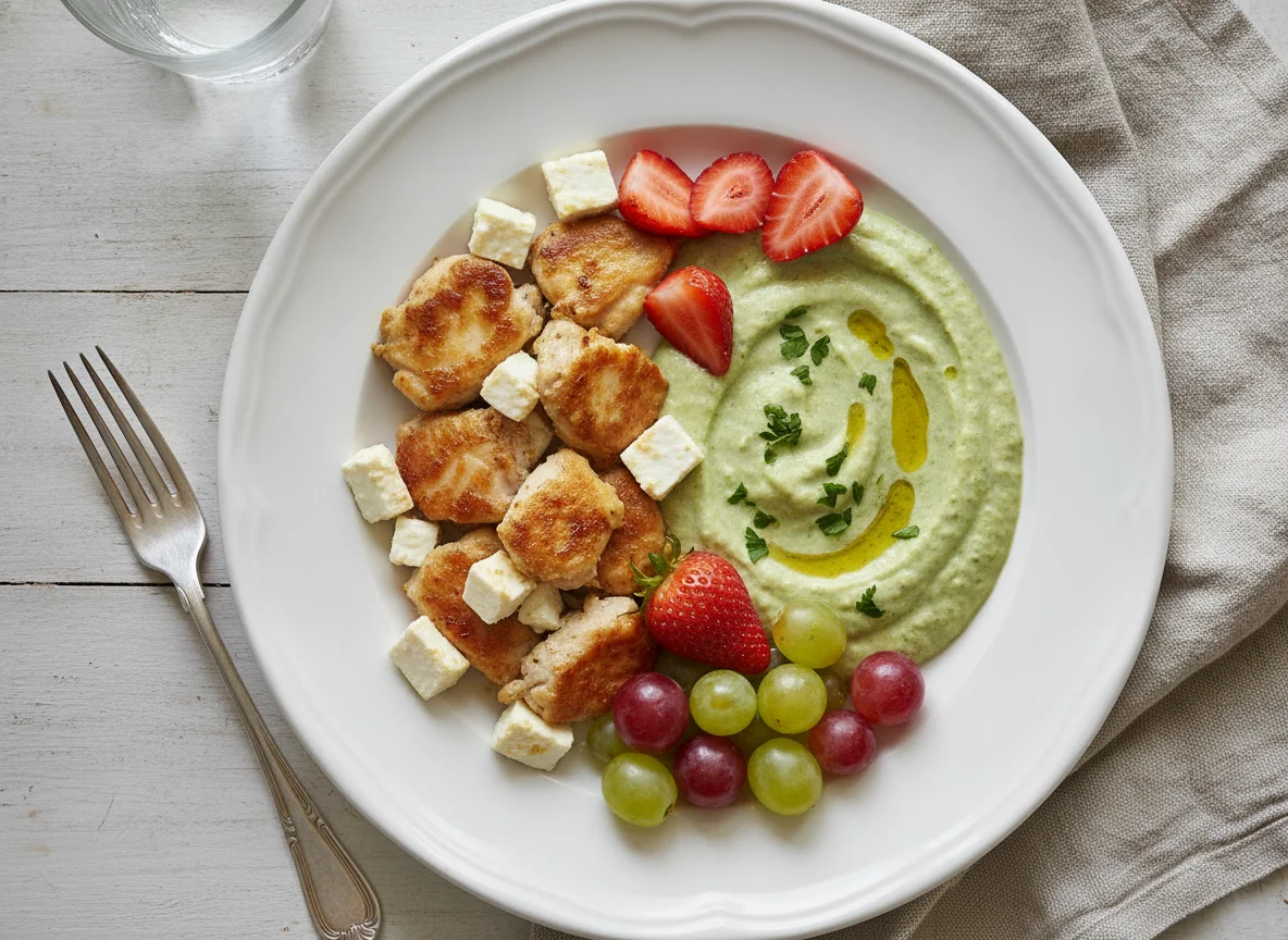 Pollo salteado con queso, crema de verduras y fruta photo