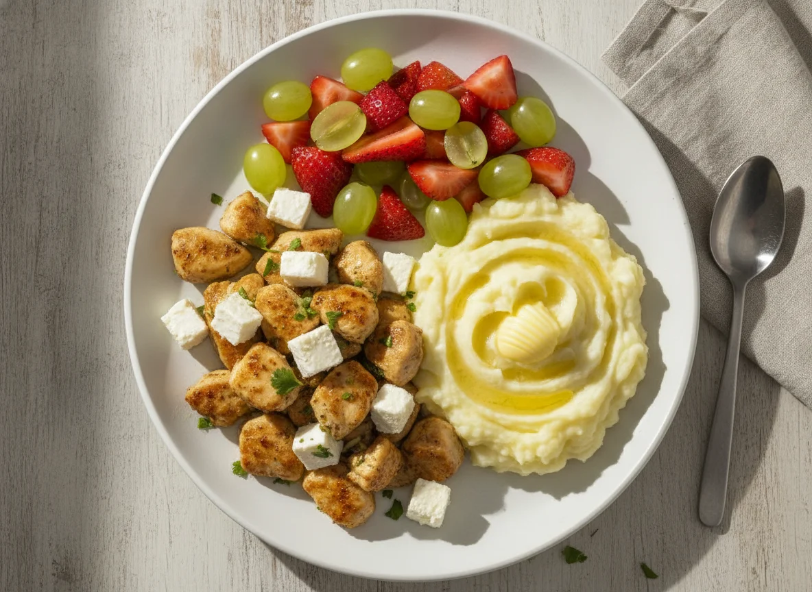 Pollo salteado con queso fresco, puré de patatas y macedonia de frutas photo