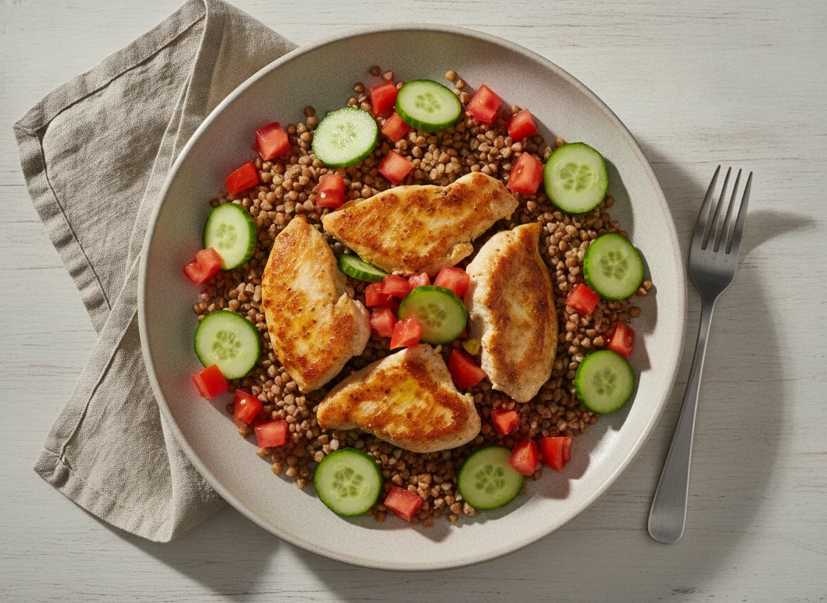Pollo salteado con trigo sarraceno y ensalada fresca photo