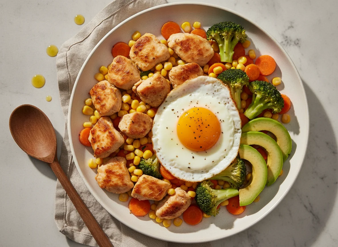 Pollo salteado con vegetales, huevo y aguacate photo