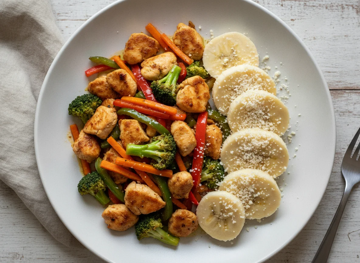Pollo salteado con vegetales, plátano hervido y queso rallado photo