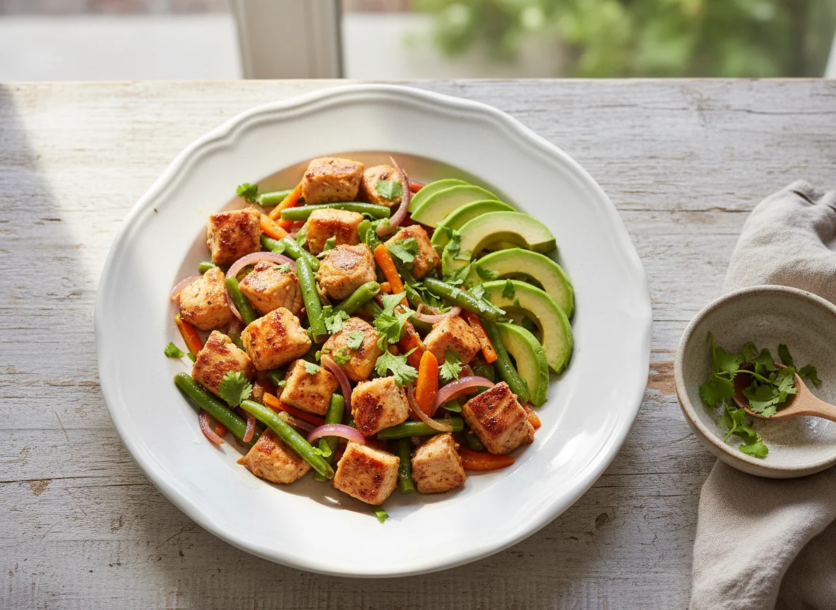 Pollo salteado con vegetales y aguacate photo