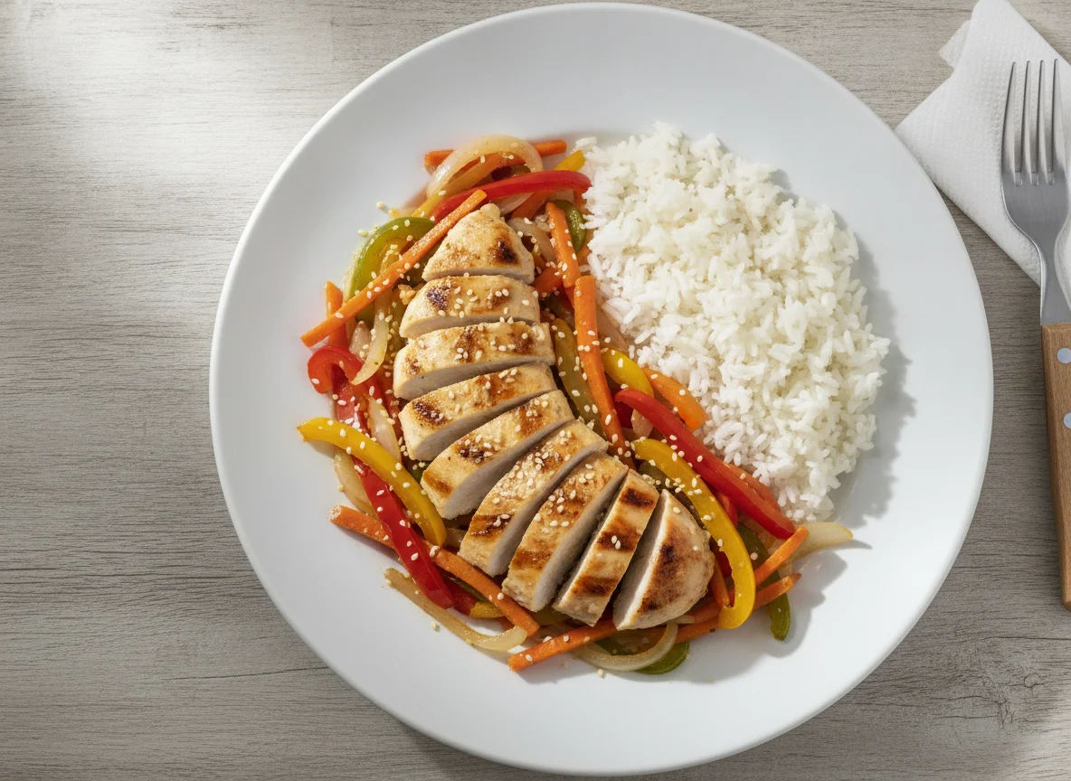Pollo salteado con vegetales y arroz photo
