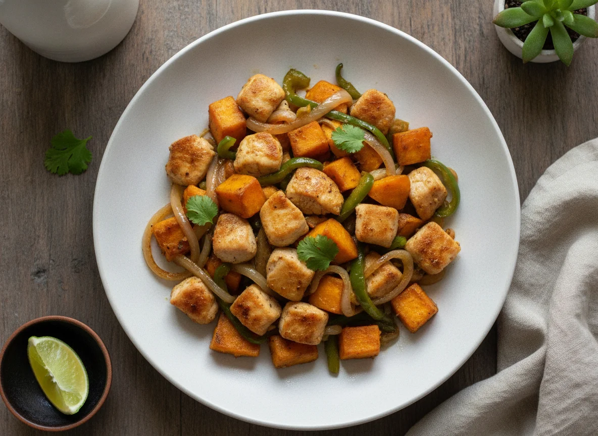 Pollo salteado con vegetales y batatas hervidas photo