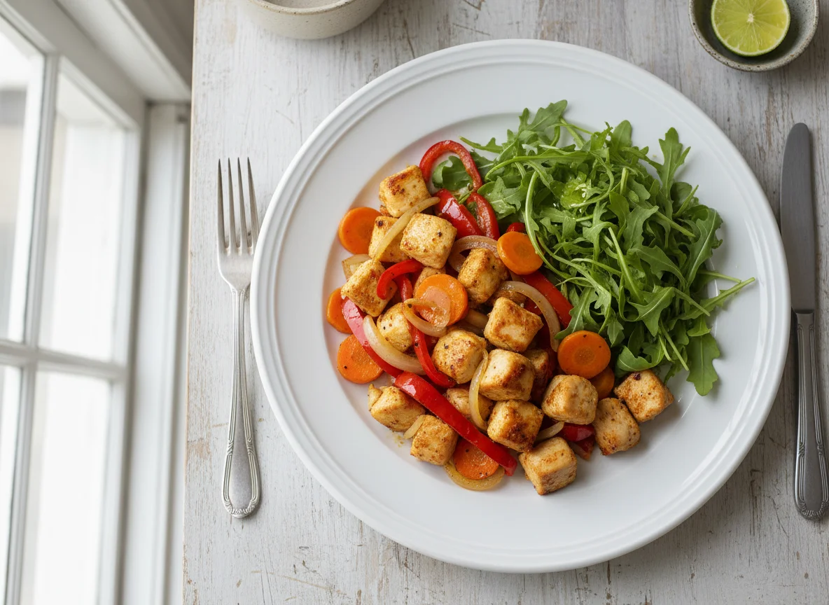 Pollo salteado con vegetales y ensalada photo