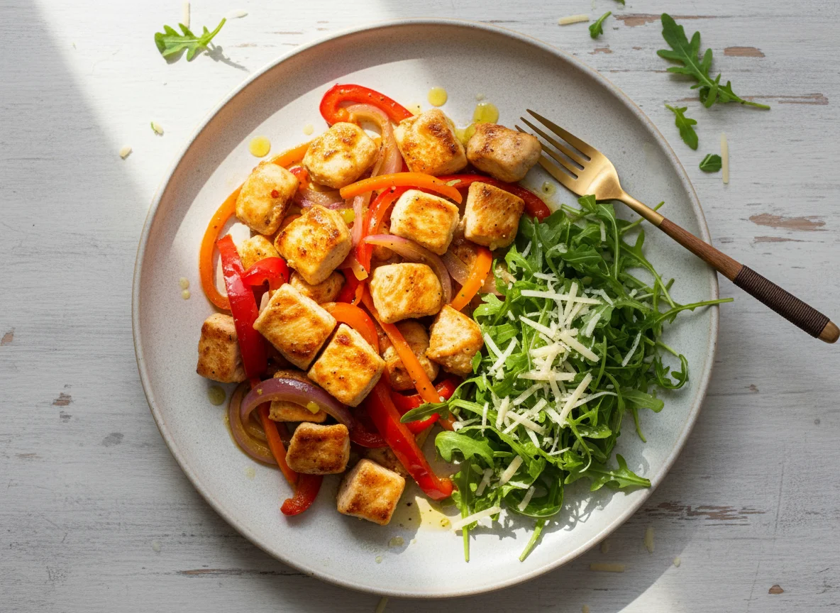 Pollo salteado con vegetales y ensalada de rúcula photo