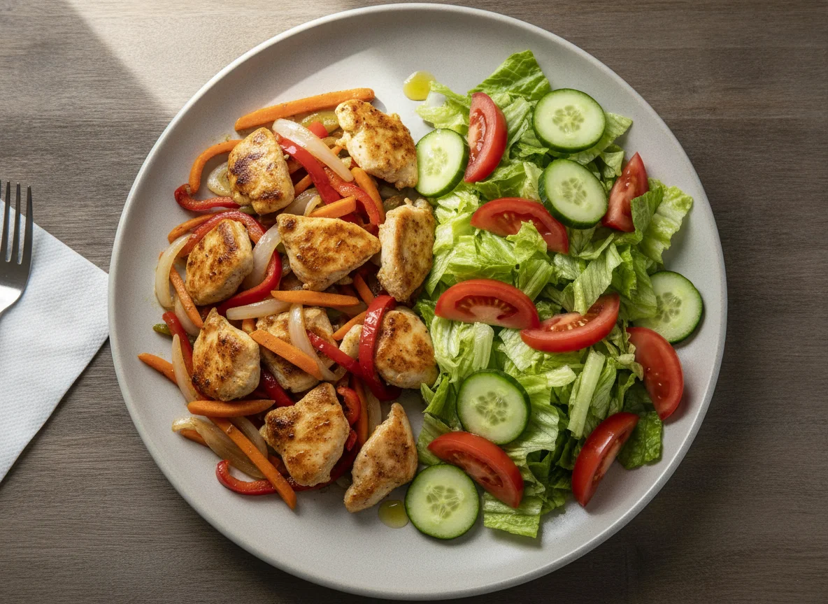 Pollo salteado con vegetales y ensalada mixta photo