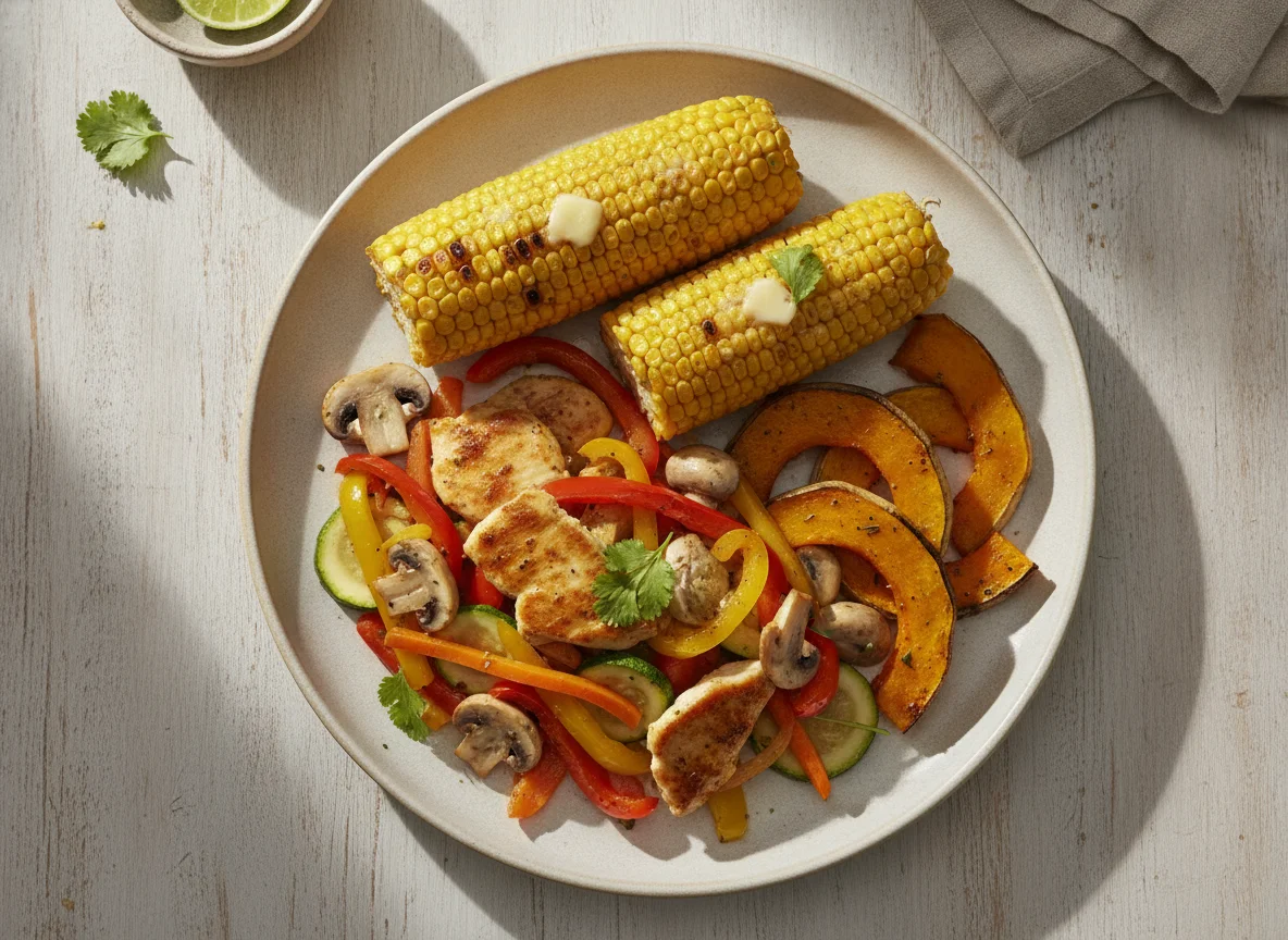 Pollo salteado con verduras, choclo asado y zapallo camote photo