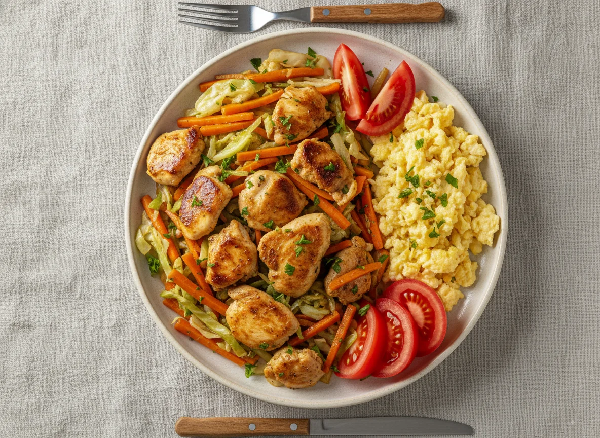 Pollo salteado con verduras, huevos revueltos y tomate photo