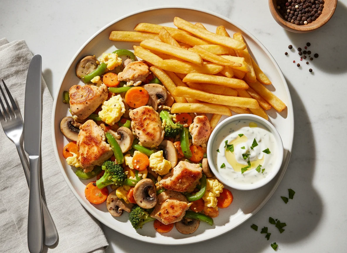 Pollo salteado con verduras, patatas fritas y salsa photo