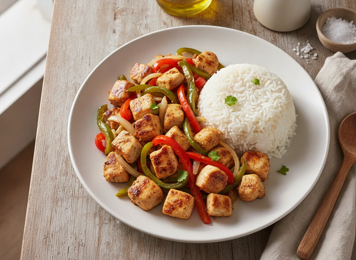 Pollo salteado con verduras y arroz blanco photo