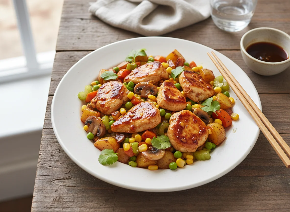 Pollo salteado con verduras y papas photo