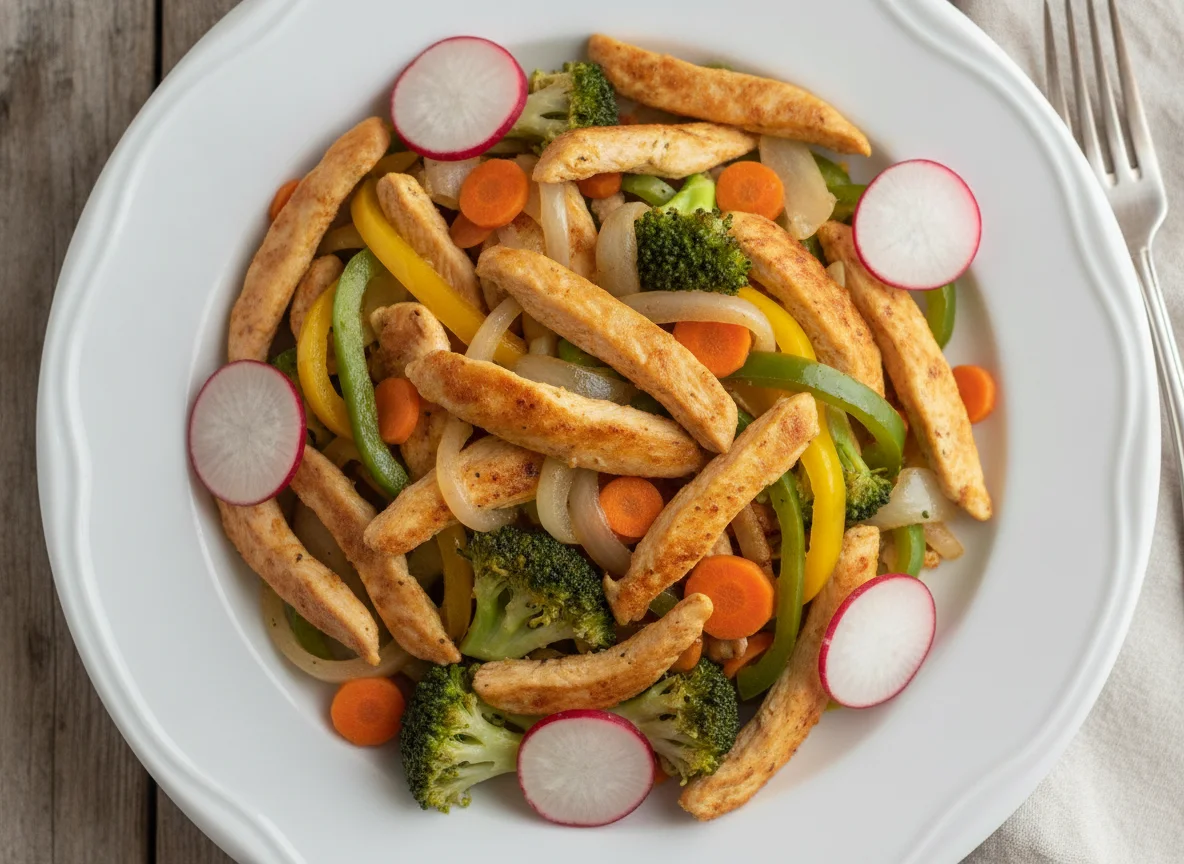 Pollo salteado con verduras y rabanos photo