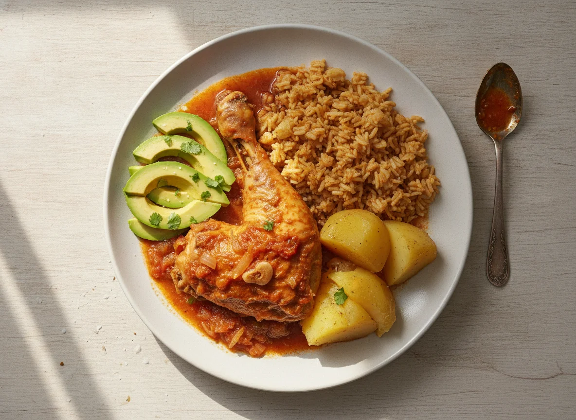 Pollo sudado con arroz de fideo y aguacate photo