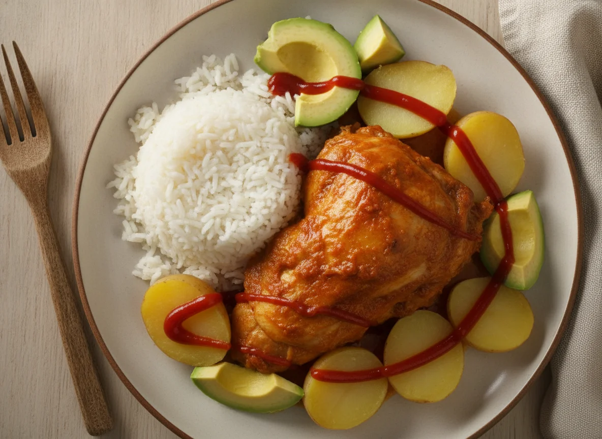 Pollo sudado con arroz, papa y aguacate photo