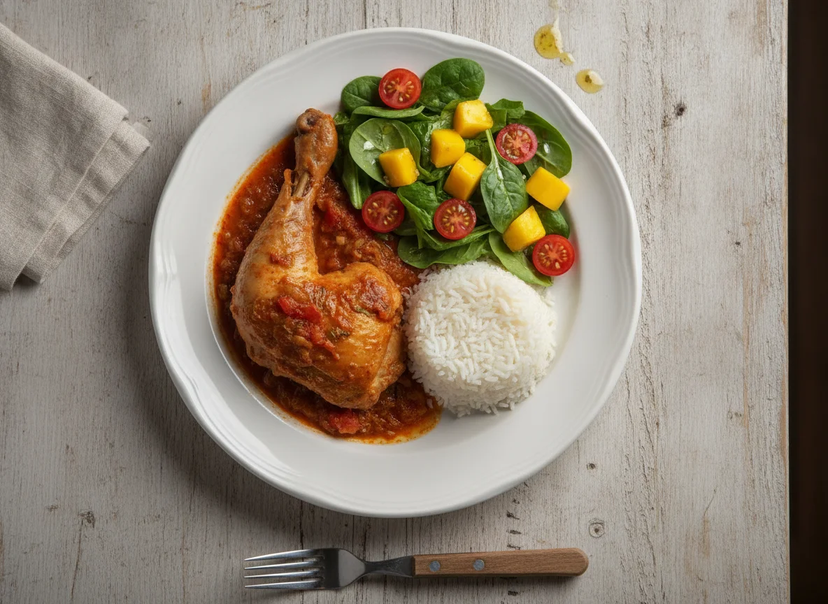 Pollo sudado con arroz y ensalada de mango photo