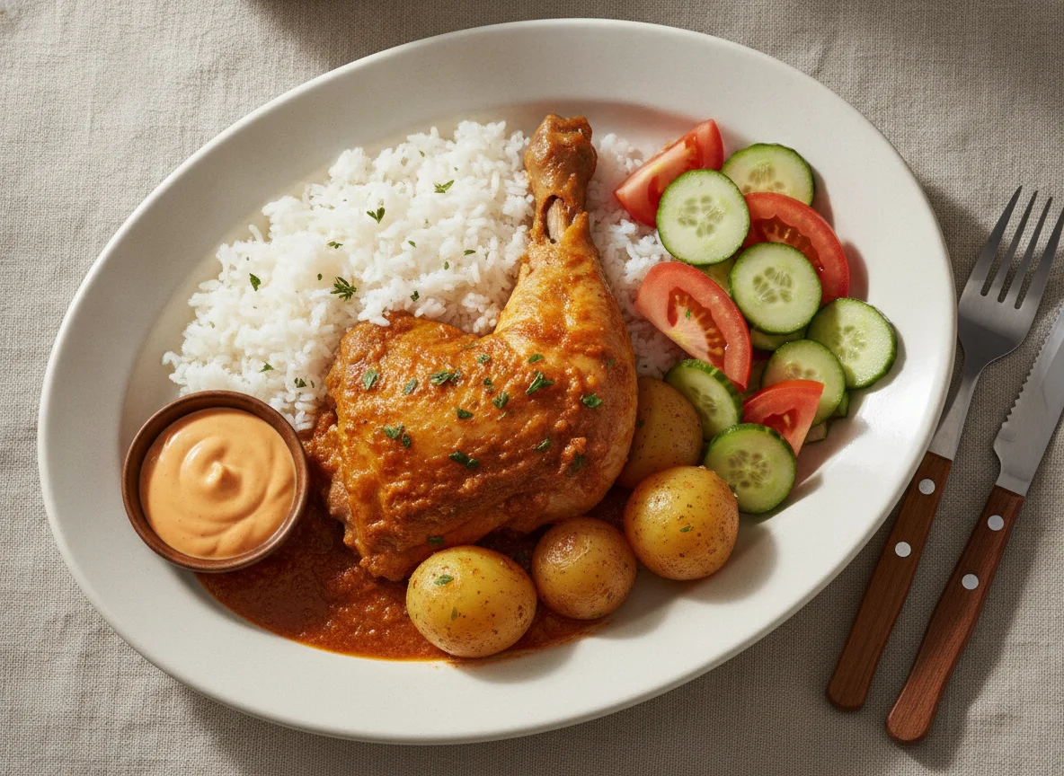 Pollo sudado con arroz y ensalada photo