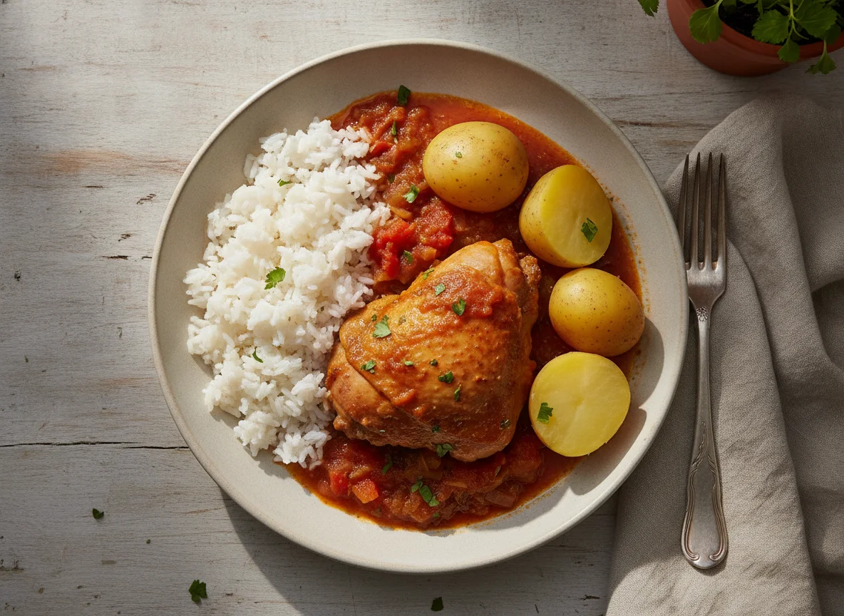 Pollo sudado con arroz y papa photo