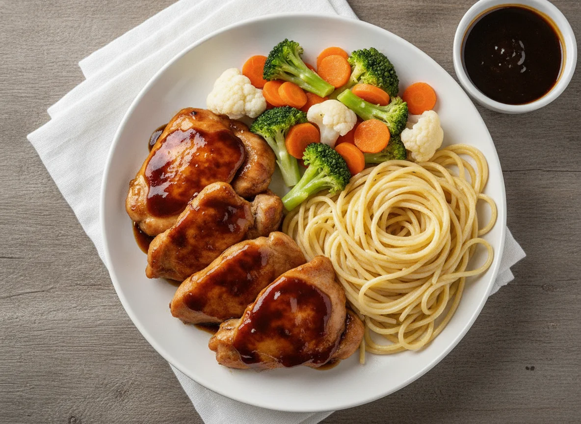 Pollo Teriyaki con Espagueti y Verduras al Vapor photo