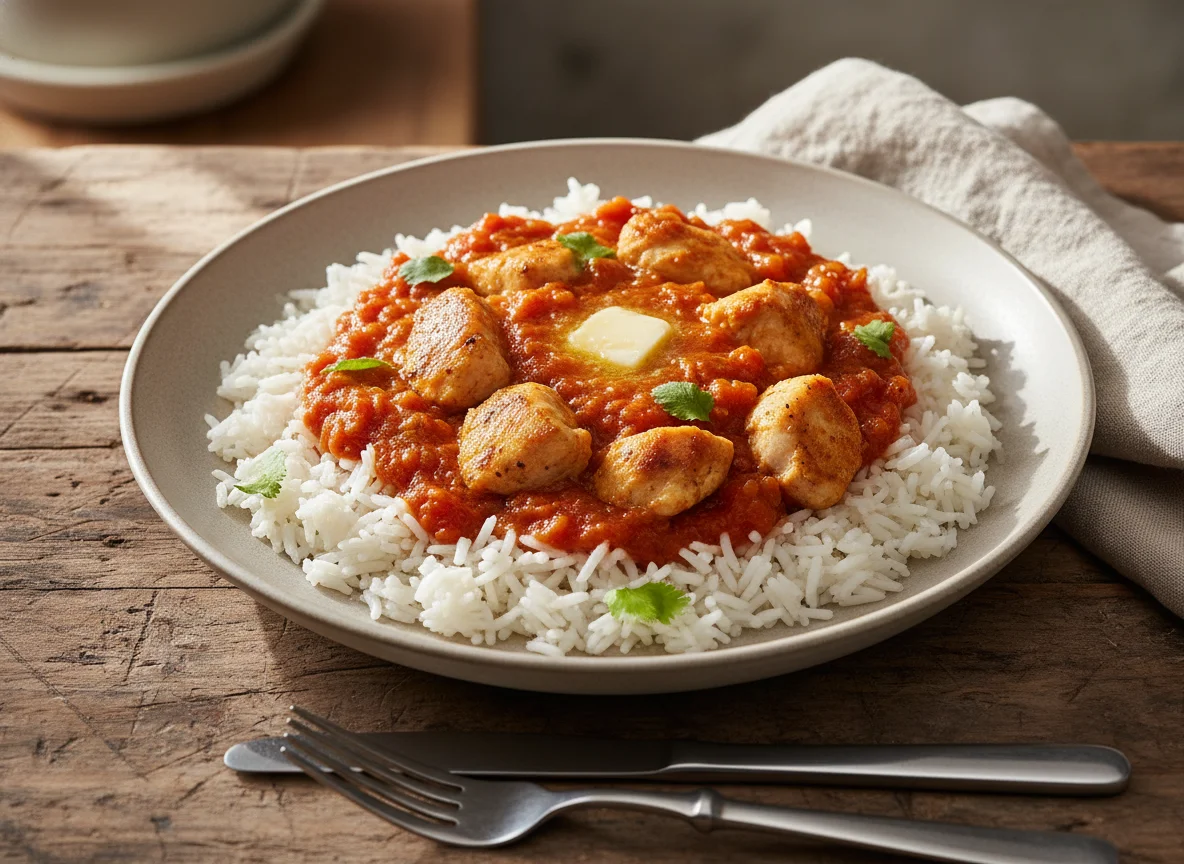 Pollo troceado con arroz y salsa de tomate photo
