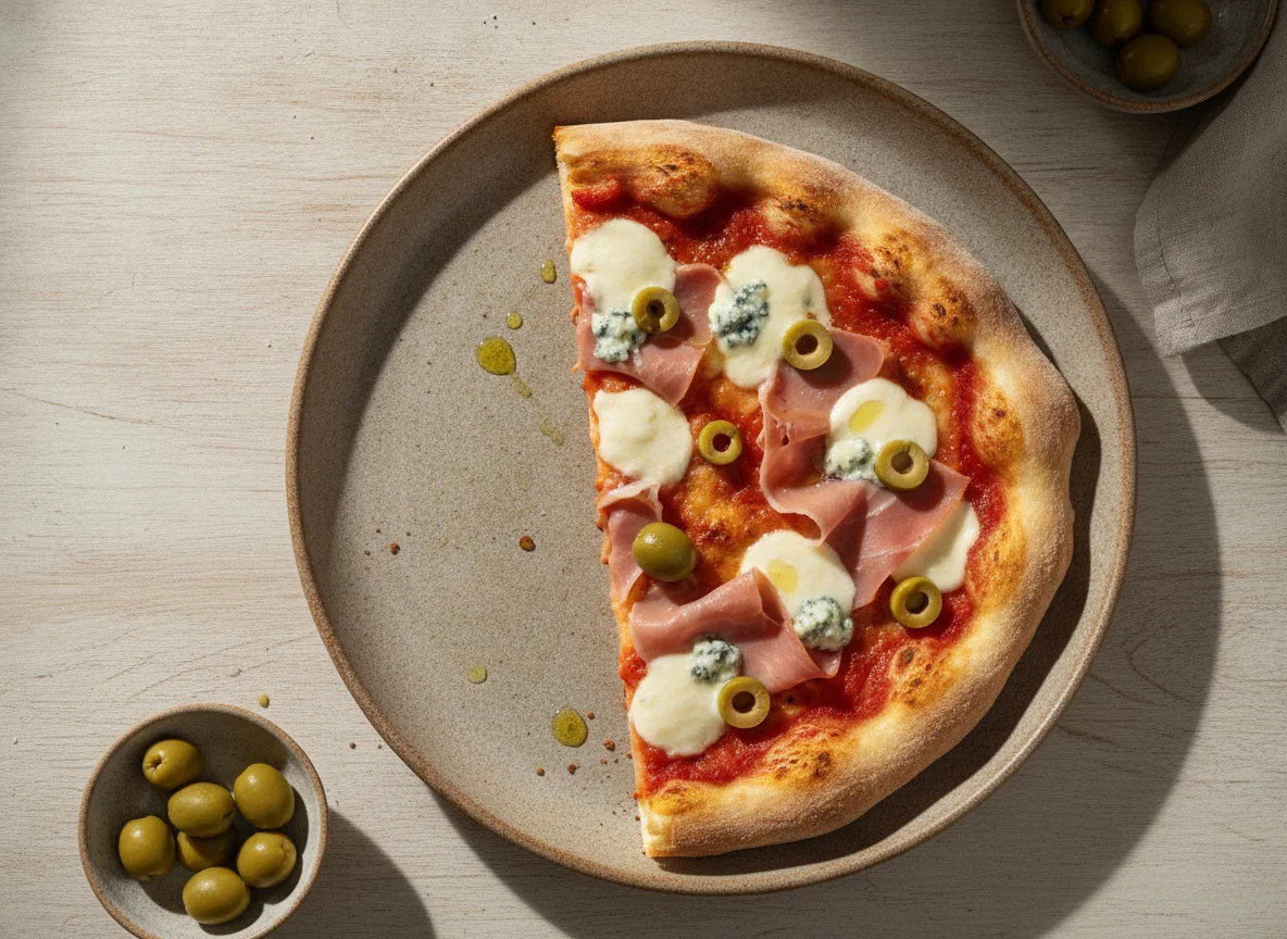 Porción de pizza con aceitunas, jamón y queso azul photo