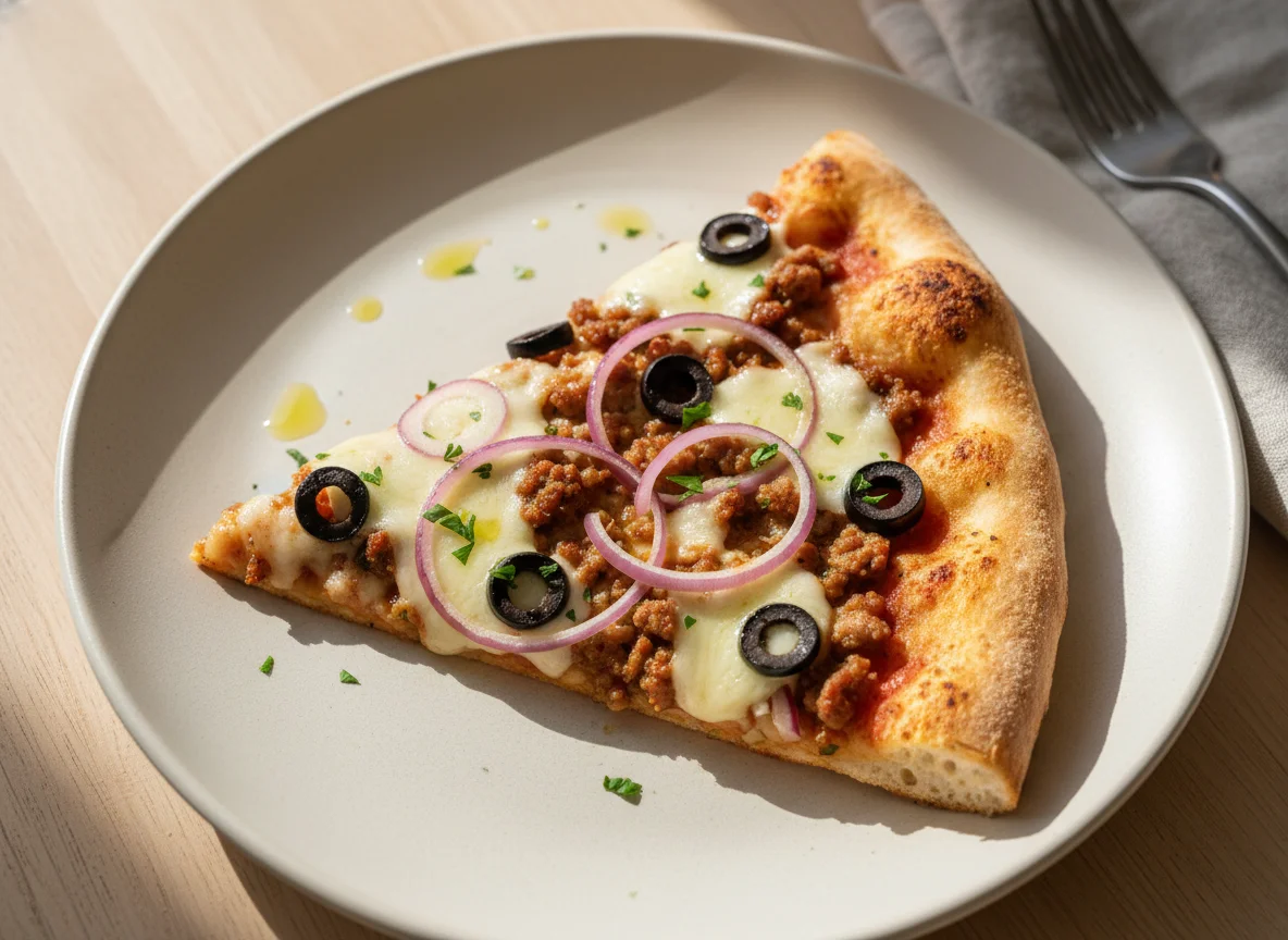 Porción de pizza con carne picada, cebolla y aceitunas photo