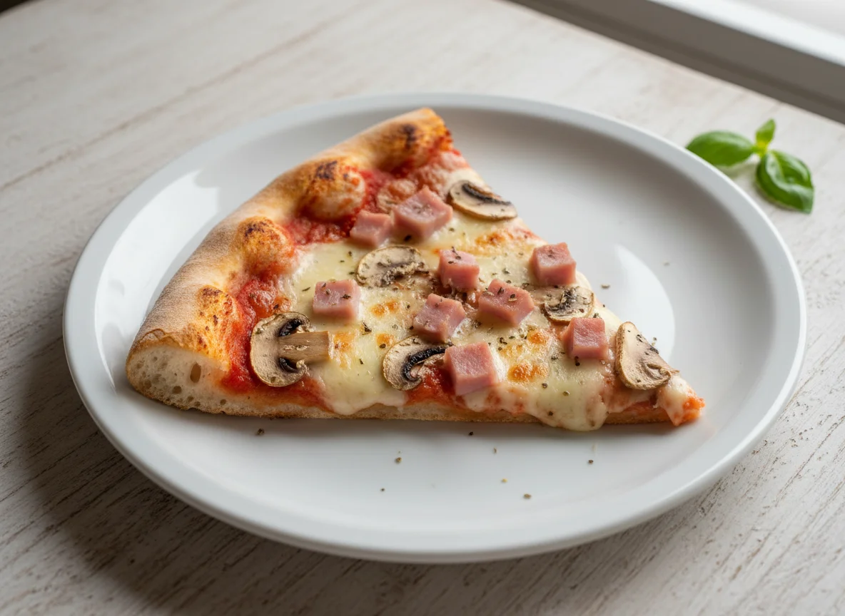 Porción de pizza con jamón y champiñones photo