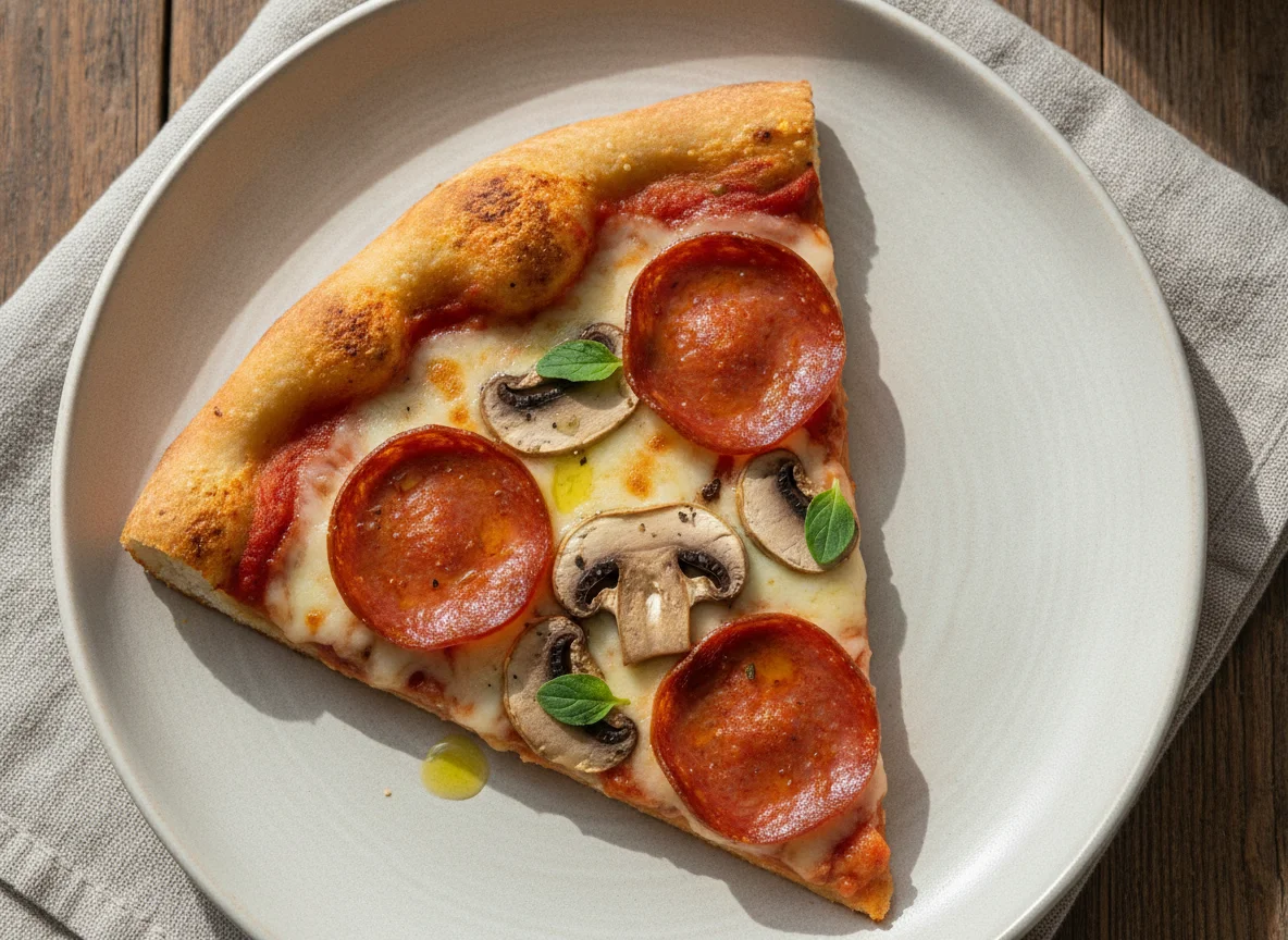 Porción de pizza con pepperoni y champiñones photo