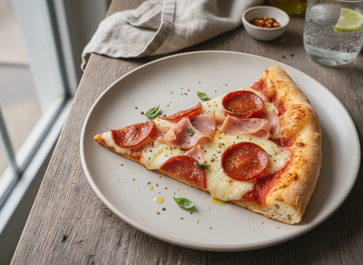 Porción de pizza con pepperoni y jamón photo
