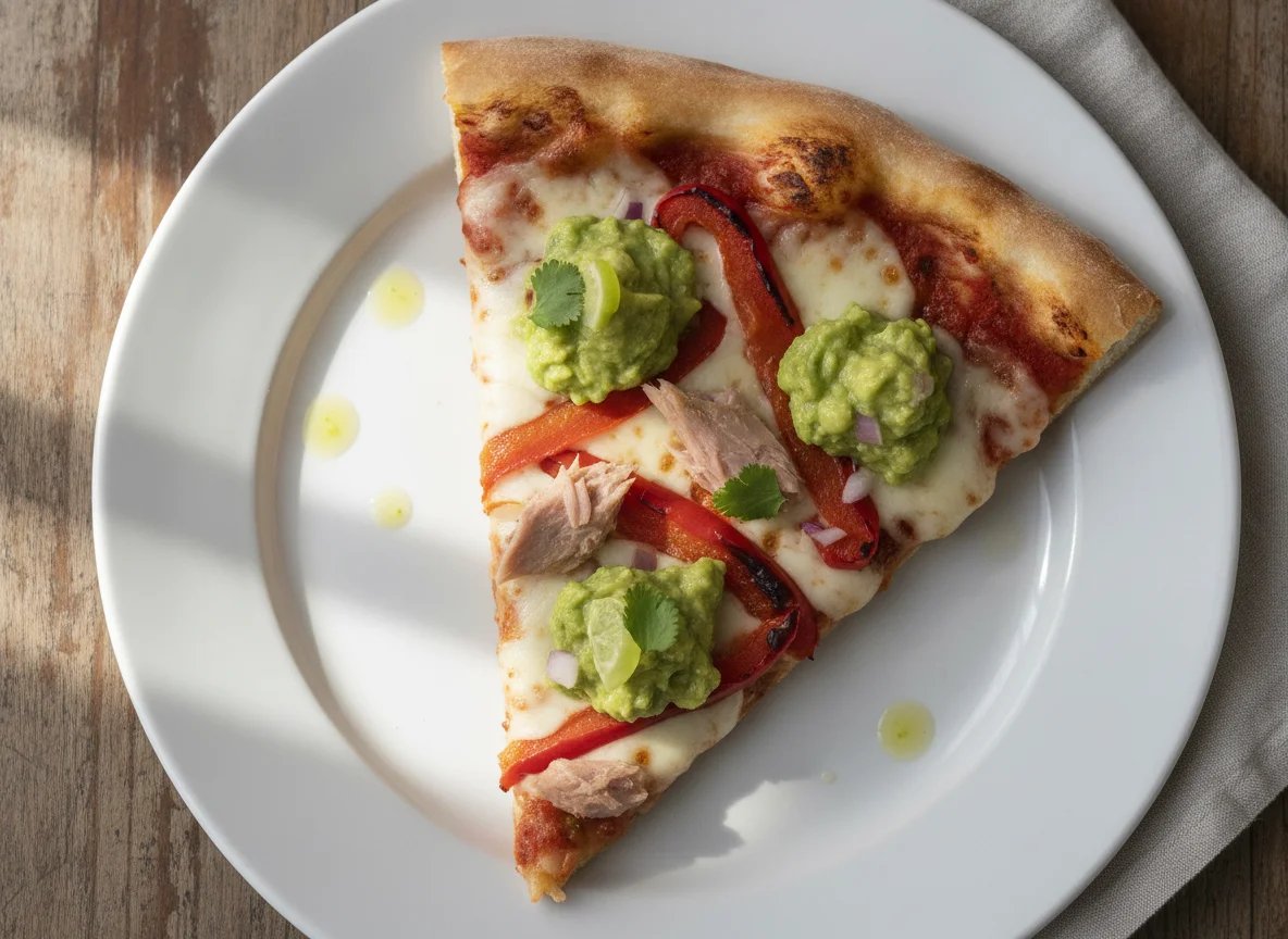 Porción de pizza con pimientos, atún y guacamole photo