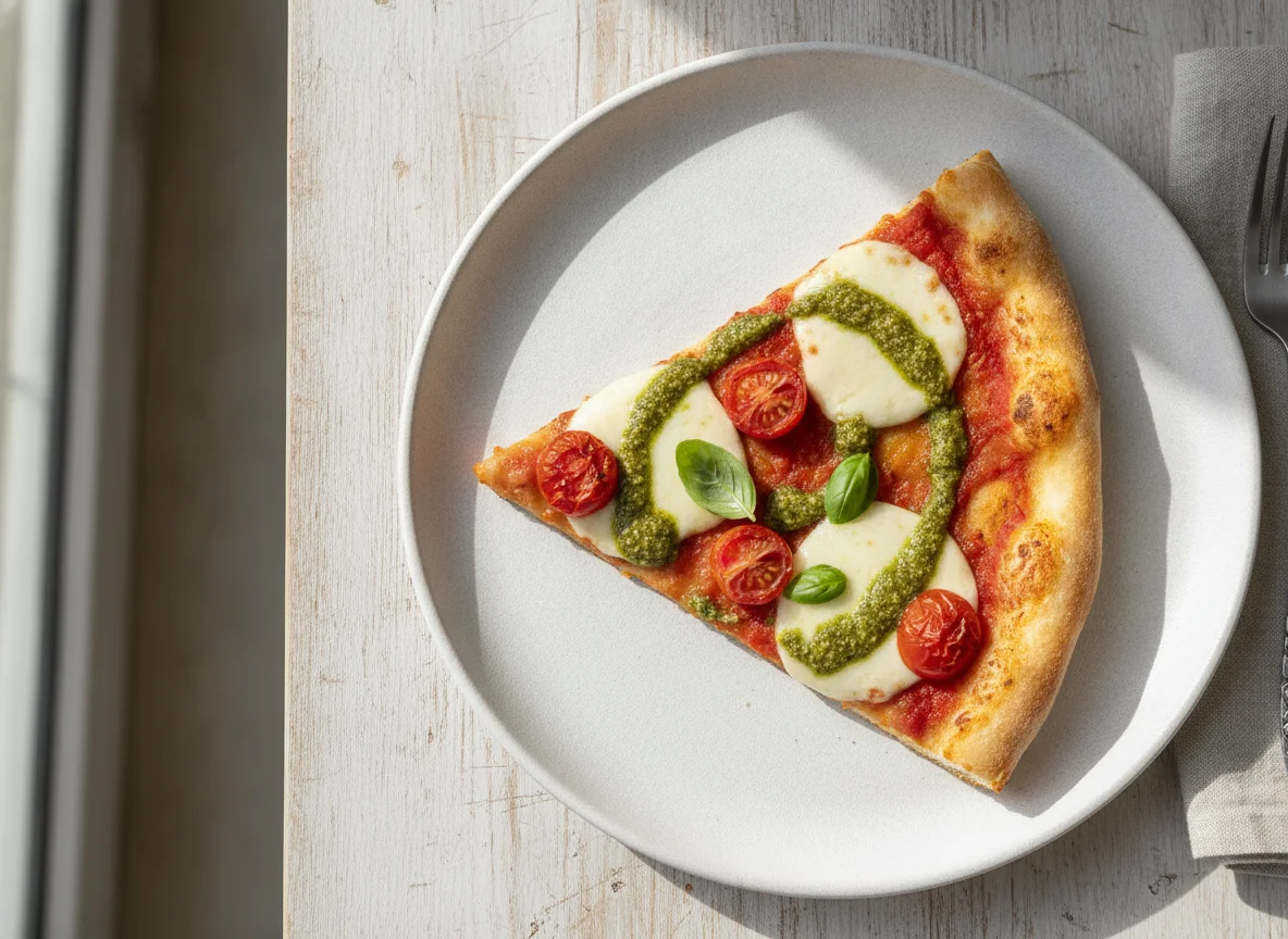 Porción de pizza con tomate y pesto photo