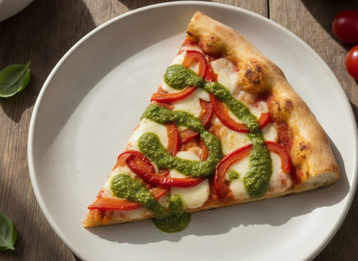Porción de pizza con vegetales y pesto photo