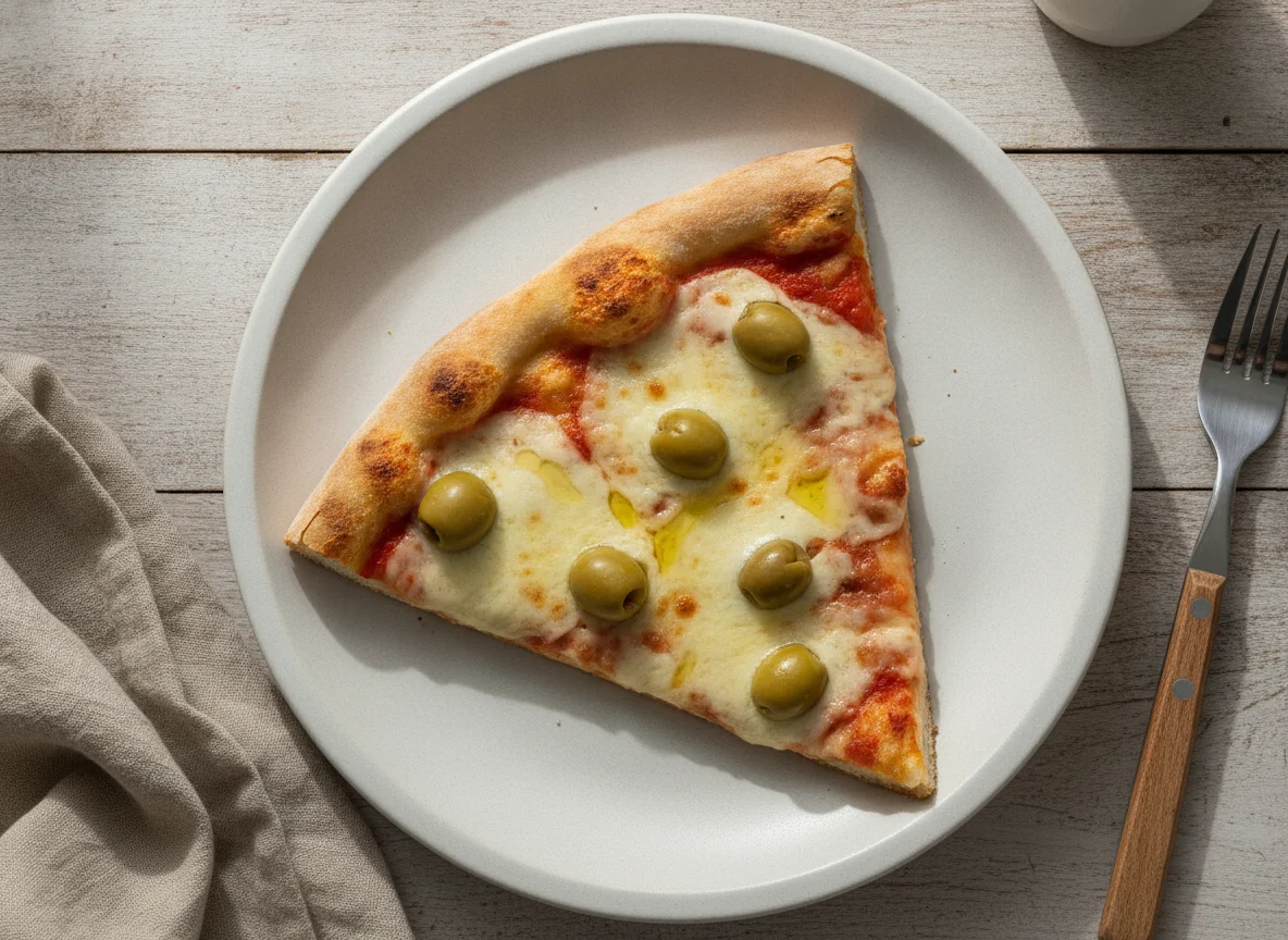 Porción de pizza de muzzarella con aceitunas photo