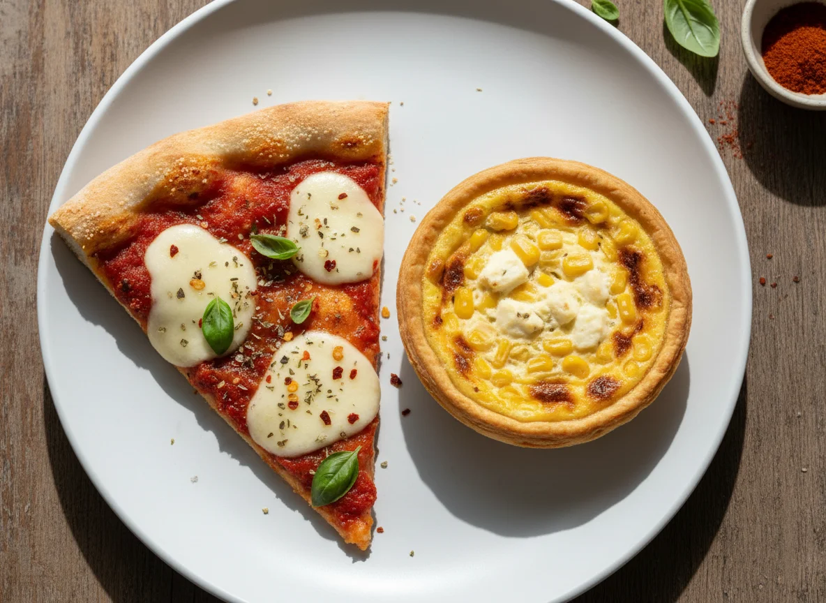 Porción de pizza y mini quiche de maíz photo