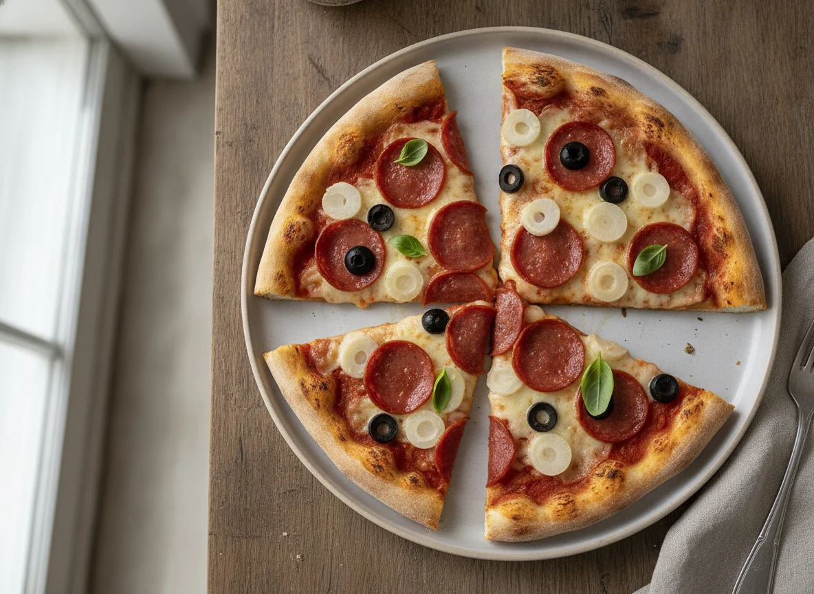 Porciones de pizza de pepperoni y palmitos photo