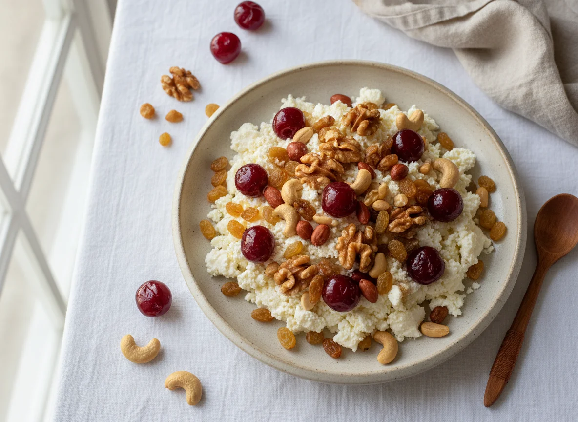 Postre con frutos secos y cerezas photo