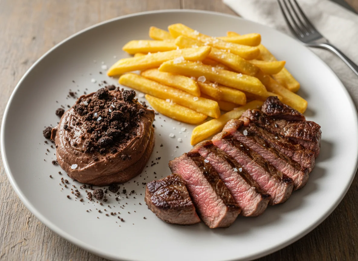 Postre de chocolate con galleta, filete y patatas fritas photo