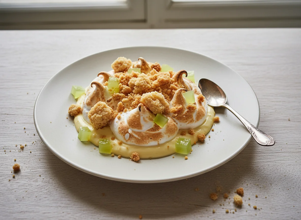 Postre de crema inglesa con merengue y crumble photo