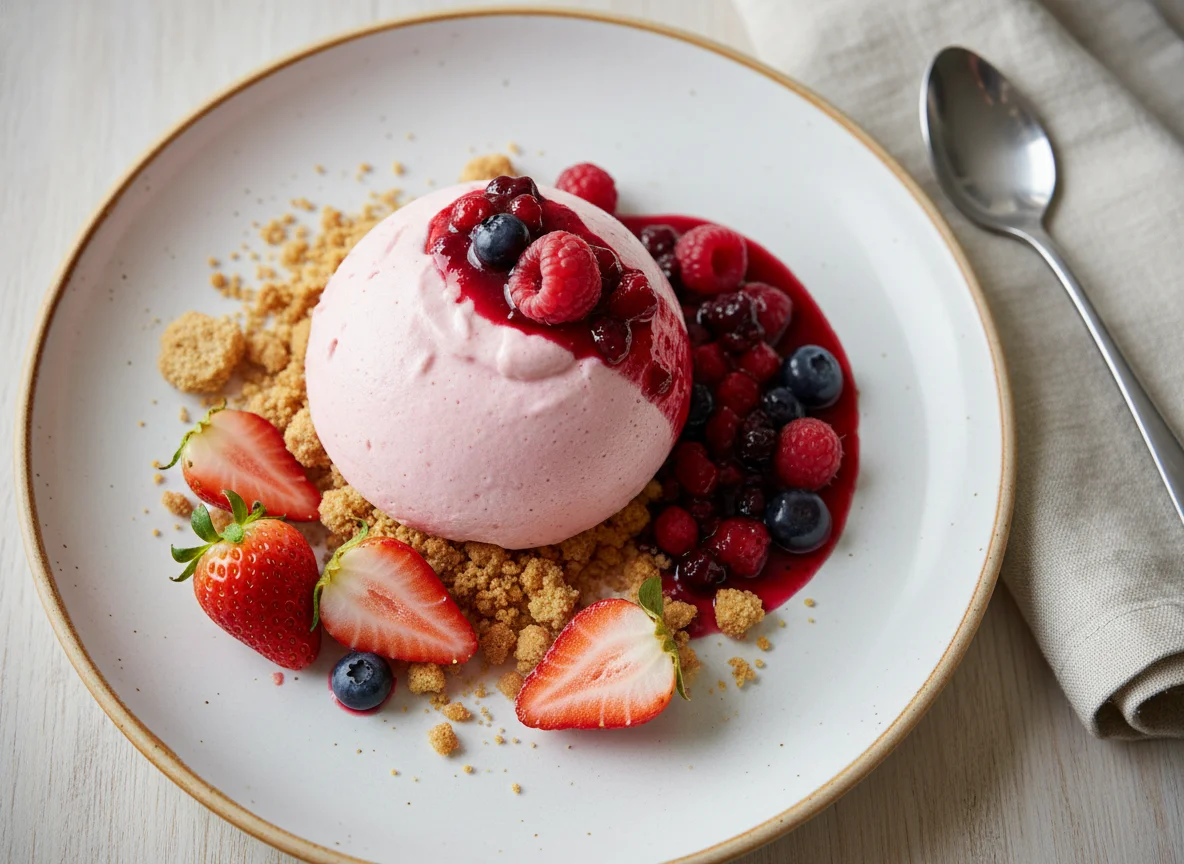 Postre de mousse de frutilla con crumble y salsa de frutos rojos photo
