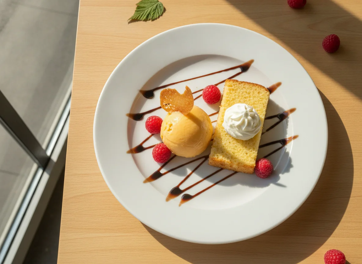 Postre de sorbete de mango con bizcocho y frambuesas photo