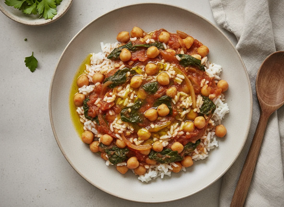 Potaje de garbanzos con arroz y espinacas photo