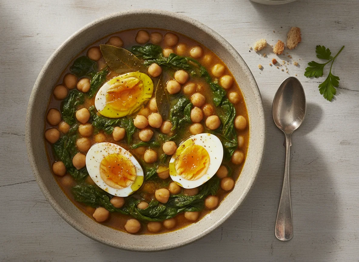 Potaje de garbanzos con espinacas y huevo duro photo
